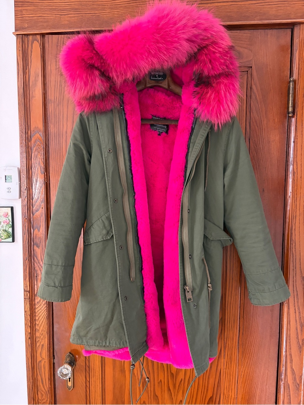 Olive Parka with Hot Pink Faux Fur Lining